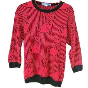 Vintage 80s Delivery Ltd Red Black Cat Motif‎ Sweater M Womens USA Made